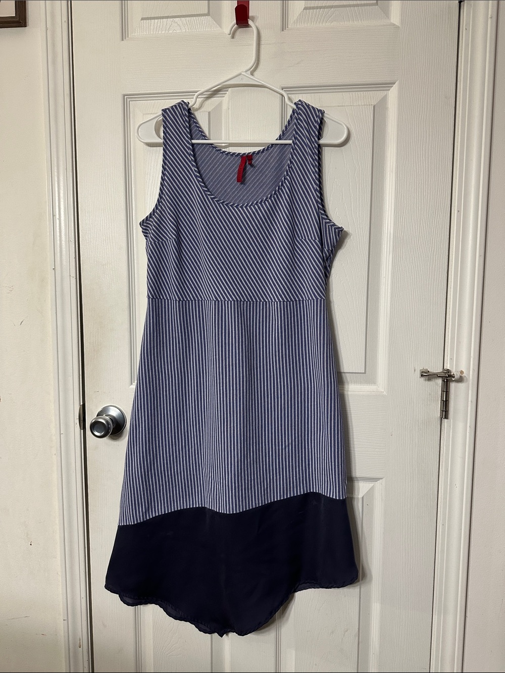 Striped Sleeveless Shift Dress with Navy Hem